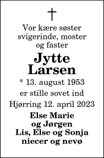 Dødsannonce Jytte Larsen Hjørring Dødsannoncer dk