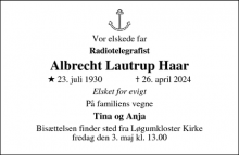 Dødsannoncen for Albrecht Lautrup Haar - Løgumkloster