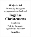 Dødsannoncen for Ingelise
Christensen - Aabenraa