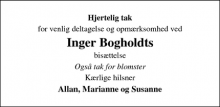 Dødsannoncen for Inger Bogholdt - Skovlunde 