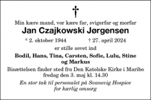 Dødsannoncen for Jan Czajkowski Jørgensen - Maribo