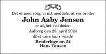 Dødsannoncen for John Aaby Jensen - Aalborg