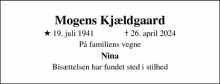 Dødsannoncen for Mogens Kjældgaard - Vesløs