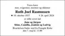 Dødsannoncen for Ruth Juel Rasmussen - Odense 
