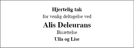 Dødsannoncen for Alis Deleurans - Fredericia 