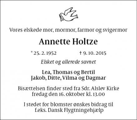 Dødsannoncen for Annette Holtze - Sdr.Alslev (Nykøbing F)