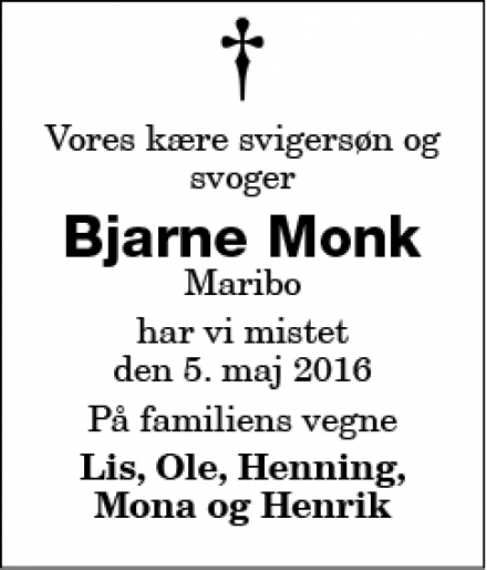 Dødsannoncen for Bjarne Monk - Maribo