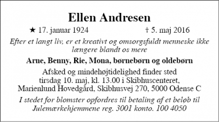 Dødsannoncen for Ellen Andresen - Agedrup