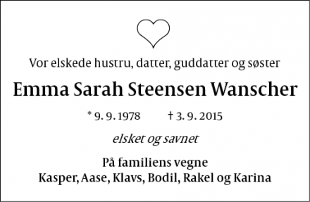 Dødsannoncen for Emma Sarah Steensen Wanscher - Svendborg