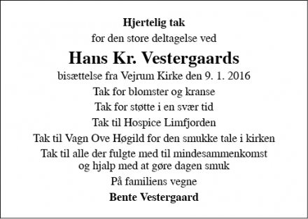 Dødsannoncen for Hans Kr. Vestergaard - Vejrum