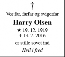 Dødsannoncen for Harry Olsen - hillerød