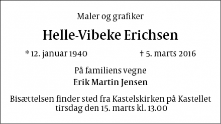 Dødsannoncen for Helle-Vibeke Erichsen - 2100 København Ø