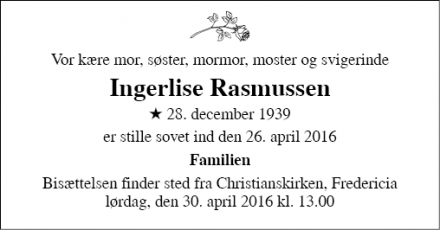 Dødsannoncen for Ingerlise Rasmussen - Fredericia