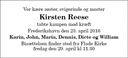 Dødsannoncen for Kirsten Reese - Frederikshavn