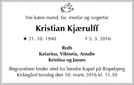 Dødsannoncen for Kristian Kjærulff - København