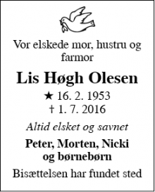 Dødsannoncen for Lis Høgh Olesen - Gråsten