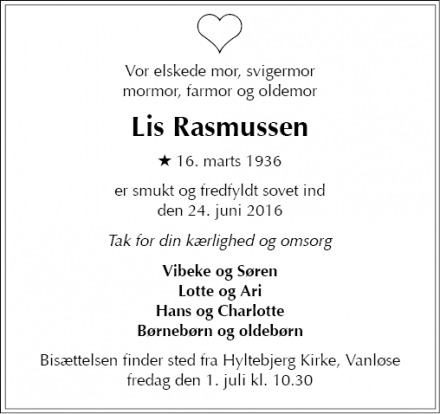 Dødsannoncen for Lis Rasmussen - 2900 Hellerup