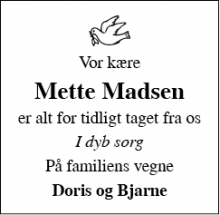 Dødsannoncen for Mette Madsen - Holstebro