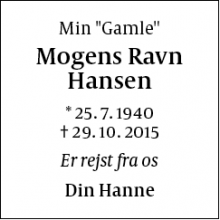 Dødsannoncen for Mogens Ravn Hansen - Vanløse