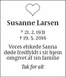 Dødsannoncen for Susanne Larsen - Farum