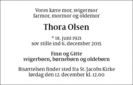 Dødsannoncen for Thora Olsen - København