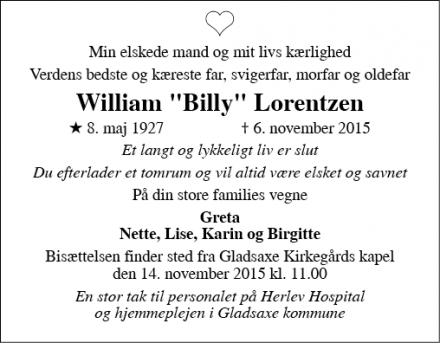 Dødsannoncen for William Billy Lorentzen - Søborg