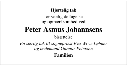 Dødsannoncen for Peter Asmus Johannsens - Haderslev