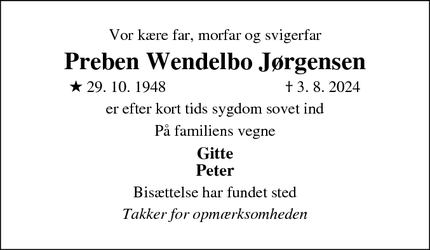 Dødsannoncen for Preben Wendelbo Jørgensen - Marie Magdelene / Hjarbæk