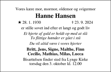 Dødsannoncen for Hanne Hansen - Lynge