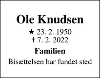 Dødsannoncen for Ole Knudsen - København