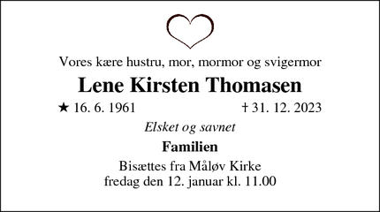 Dødsannoncen for Lene Kirsten Thomasen - Måløv