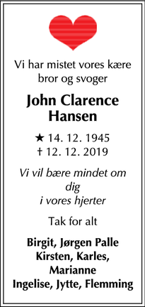 Dødsannoncen for John Clarence
Hansen - Korsoer