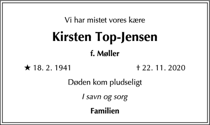 Dødsannoncen for Kirsten Top-Jensen - København