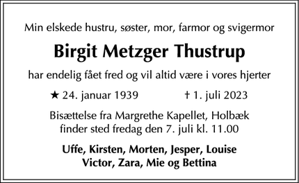 Dødsannoncen for Birgit Metzger Thustrup - 4300 Holbæk