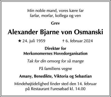 Dødsannoncen for Alexander Bjarne von Osmanski - Vipperød