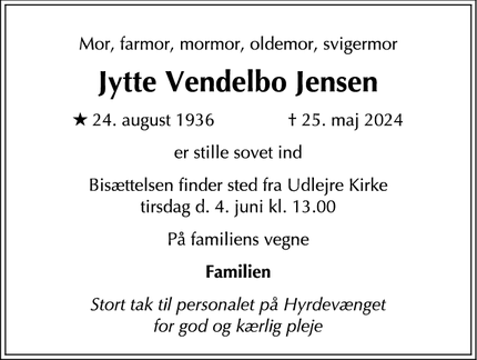 Dødsannoncen for Jytte Vendelbo Jensen - Ølstykke