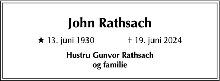 Dødsannoncen for John Rathsach - Birkerød