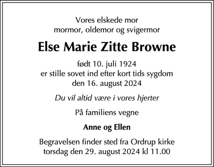 Dødsannoncen for Else Marie Zitte Browne - Gilleleje