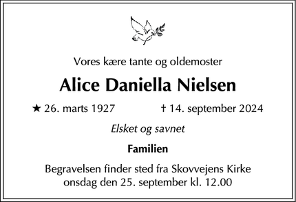 Dødsannoncen for Alice Daniella Nielsen - Ballerup