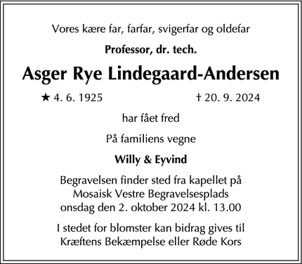 Dødsannoncen for Asger Rye Lindegaard-Andersen - Lynge