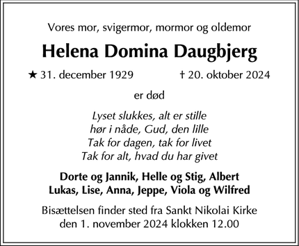 Dødsannoncen for Helena Domina Daugbjerg - Nakskov