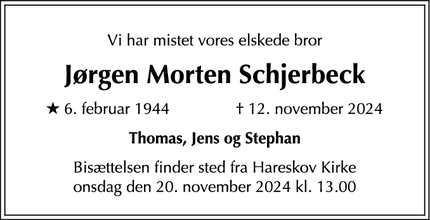 Dødsannoncen for Jørgen Morten Schjerbeck - Ålsgårde