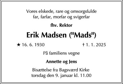 Dødsannoncen for Erik Madsen ("Mads") - Værløse