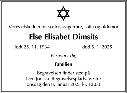 Dødsannoncen for Else Elisabet Dimsits - København