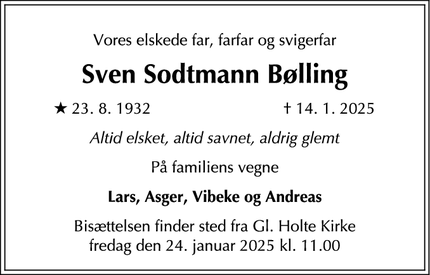 Dødsannoncen for Sven Sodtmann Bølling - Gammel Holte