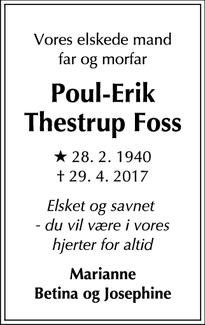 Dødsannoncen for Poul-Erik Thestrup Foss - Salazac, Frankrig