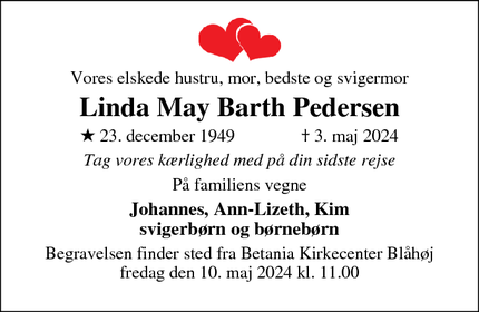 Dødsannoncen for Linda May Barth Pedersen - Brande