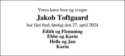 Dødsannoncen for Jakob Toftgaard - Holstebro