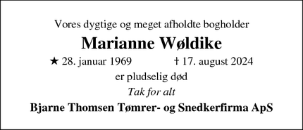 Dødsannoncen for Marianne Wøldike - Vinderup