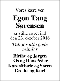 Dødsannoncen for Egon Tang Sørensen - Skjern